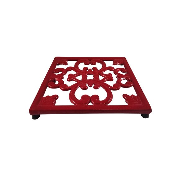Vintage Red Enamel Cast Iron Trivet With Rubber Feet & Hanging Ring - Picture 3 of 11